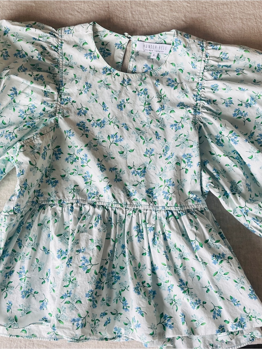 HUNTER BELL Light Blue Floral Puff Sleeve Peplum Blouse